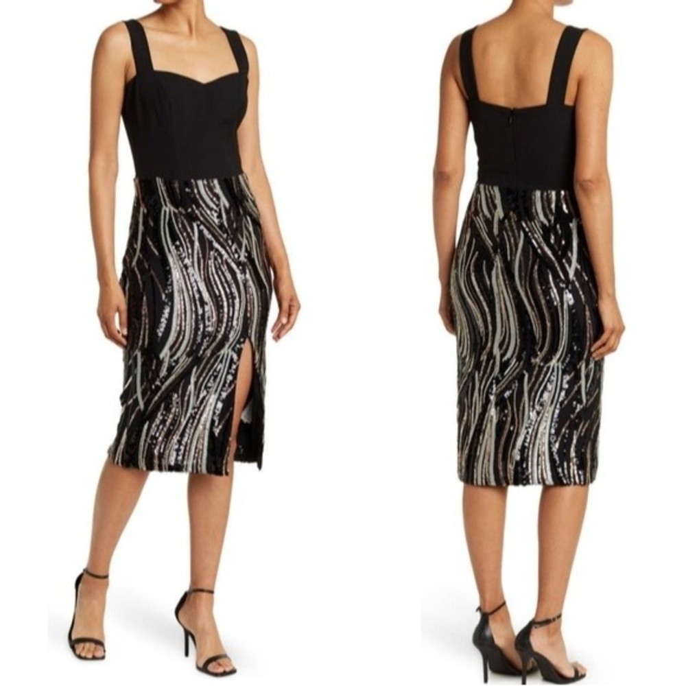 Dress the Population Sequin Sweetheart Neckline Midi Dress Sheath Black Small